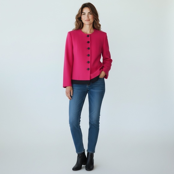 CHRISTIAN DIOR Vintage Button Down Blazer Fuschia & Black Trim Size 10P - Picture 2 of 11
